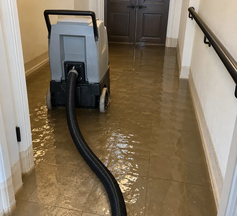 Water Extraction in Little Elm — unbranded portable collection machine and hose in flooded entry
