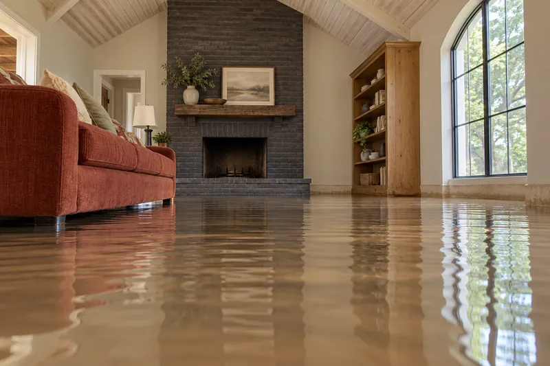 Water Extraction in Little Elm — substantial standing water across a vaulted den with submerged sofa feet